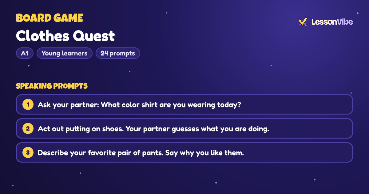 Board Game: Clothes Quest (A1, Young learners, 24 prompts)