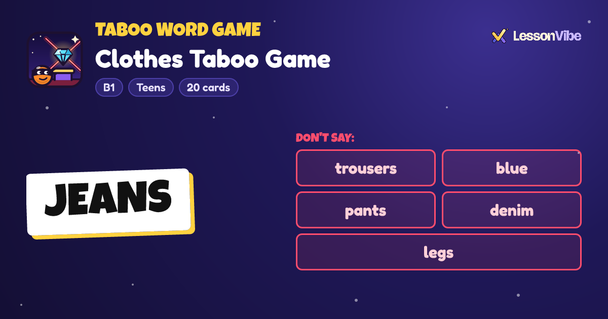 Taboo Word Game: Clothes Taboo Game (B1, Teens, 20 cards)