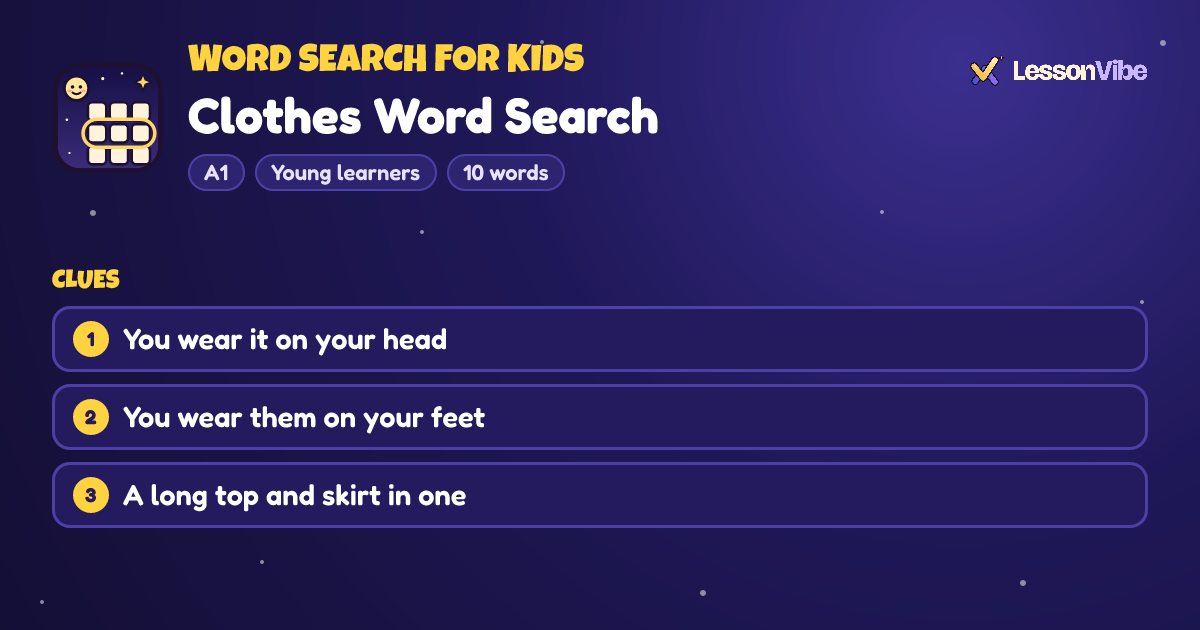 Word Search for Kids: Clothes Word Search (A1, Young learners, 10 words)