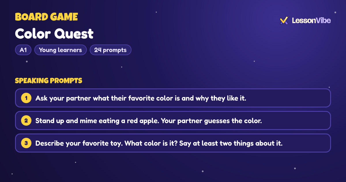 Board Game: Color Quest (A1, Young learners, 24 prompts)