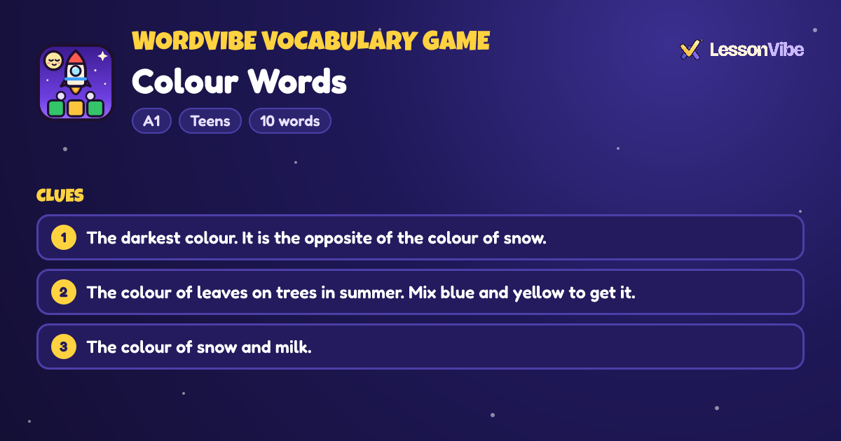 WordVibe Vocabulary Game: Colour Words (A1, Teens, 10 words)