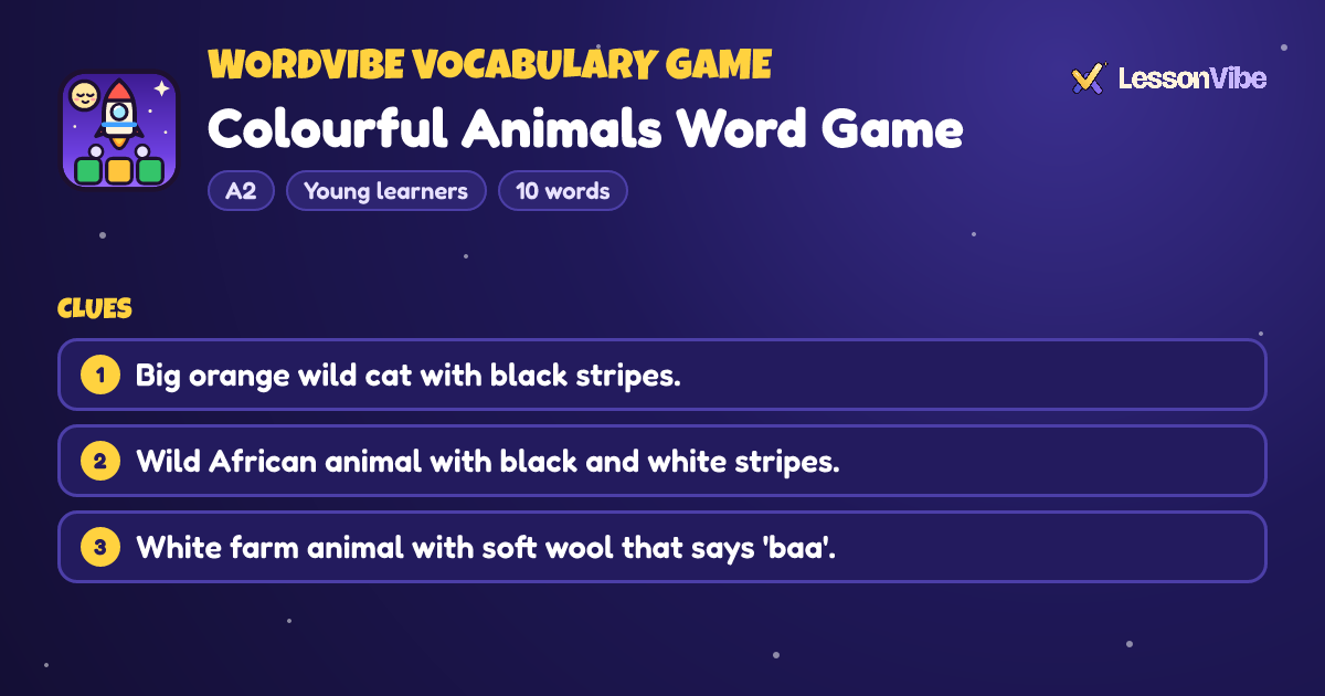 WordVibe Vocabulary Game: Colourful Animals Word Game (A2, Young learners, 10 words)