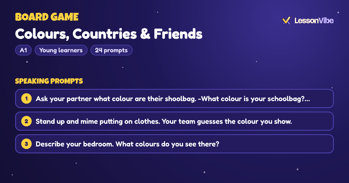 Board Game: Colours, Countries & Friends (A1, Young learners, 24 prompts)