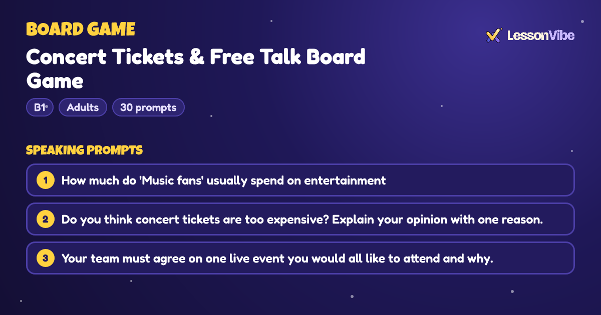 Board Game: Concert Tickets & Free Talk Board Game (B1, Adults, 30 prompts)