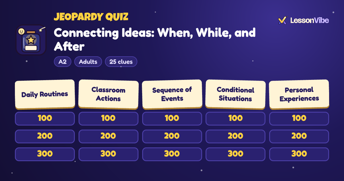 Jeopardy Quiz: Connecting Ideas: When, While, and After (A2, Adults, 25 clues)