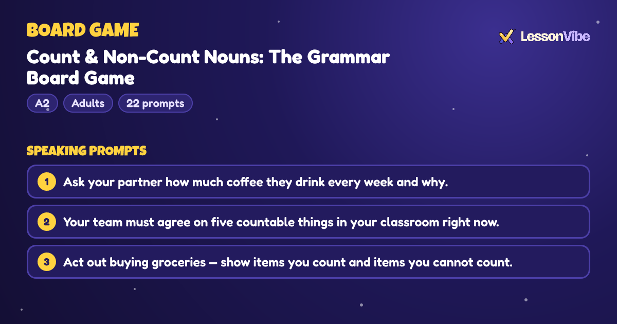 Board Game: Count & Non-Count Nouns: The Grammar Board Game (A2, Adults, 22 prompts)