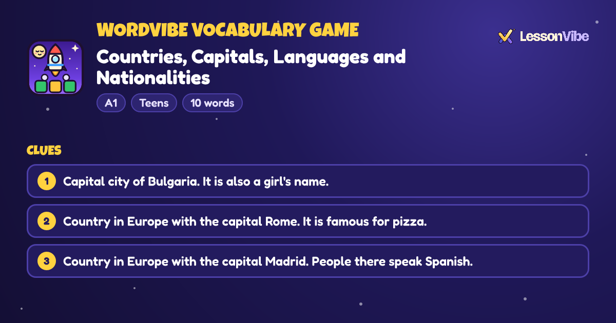 WordVibe Vocabulary Game: Countries, Capitals, Languages and Nationalities (A1, Teens, 10 words)