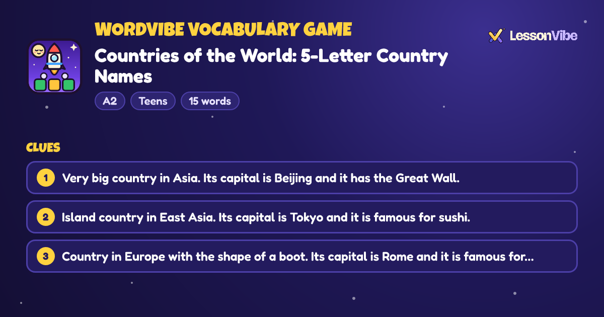 WordVibe Vocabulary Game: Countries of the World: 5-Letter Country Names (A2, Teens, 15 words)
