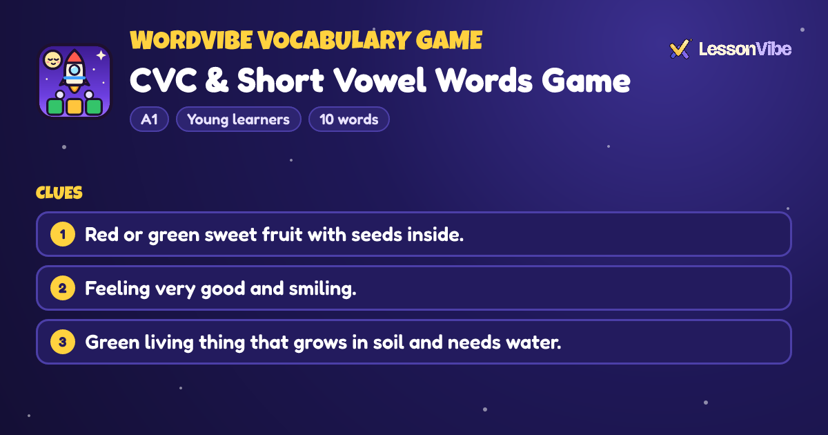 WordVibe Vocabulary Game: CVC & Short Vowel Words Game (A1, Young learners, 10 words)