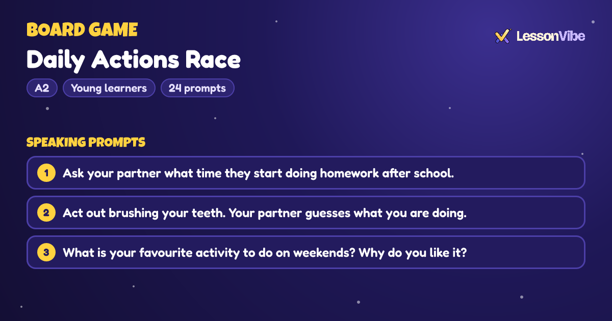 Board Game: Daily Actions Race (A2, Young learners, 24 prompts)
