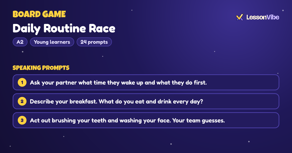 Board Game: Daily Routine Race (A2, Young learners, 24 prompts)