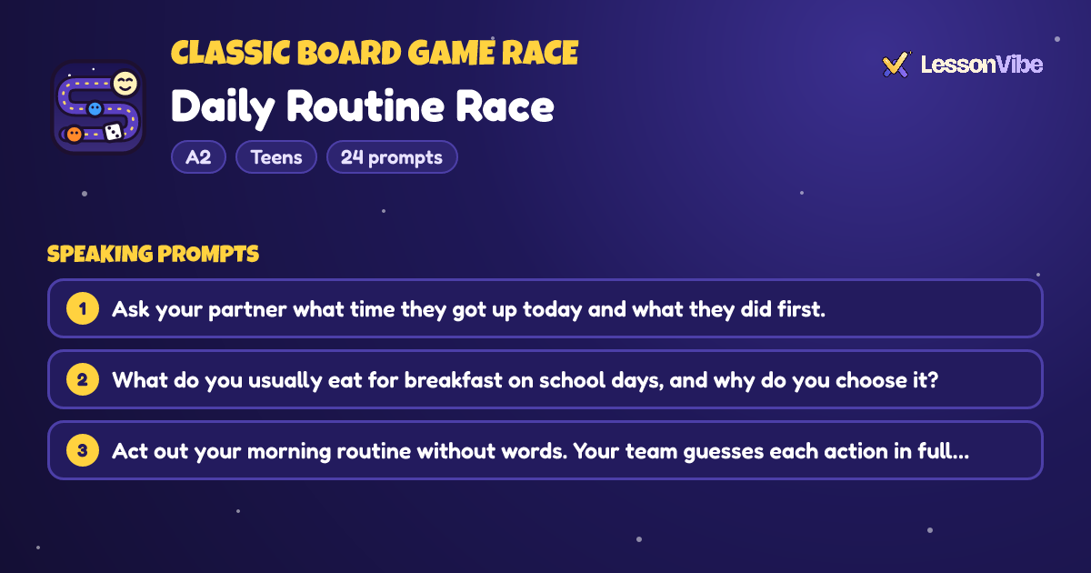 Classic Board Game Race: Daily Routine Race (A2, Teens, 24 prompts)