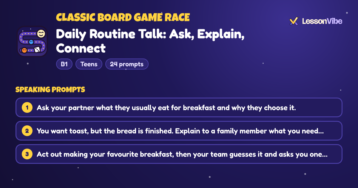 Classic Board Game Race: Daily Routine Talk: Ask, Explain, Connect (B1, Teens, 24 prompts)
