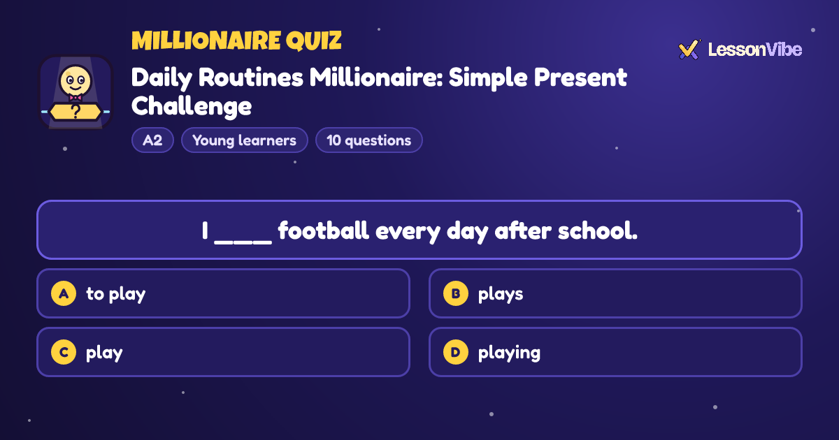 Millionaire Quiz: Daily Routines Millionaire: Simple Present Challenge (A2, Young learners, 10 questions)