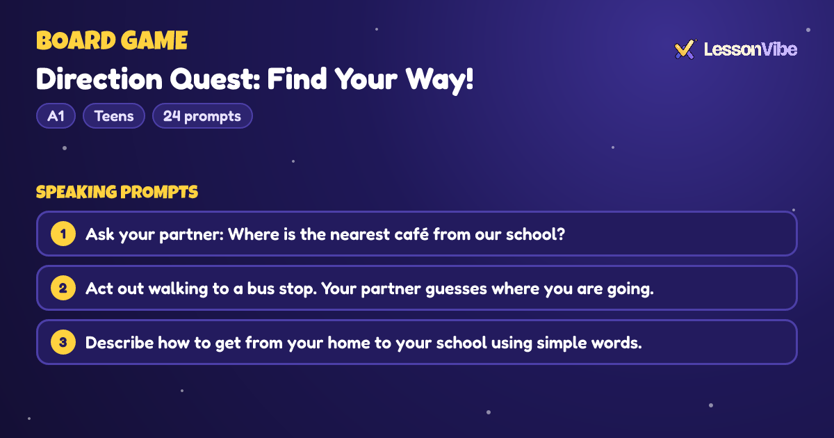 Board Game: Direction Quest: Find Your Way! (A1, Teens, 24 prompts)