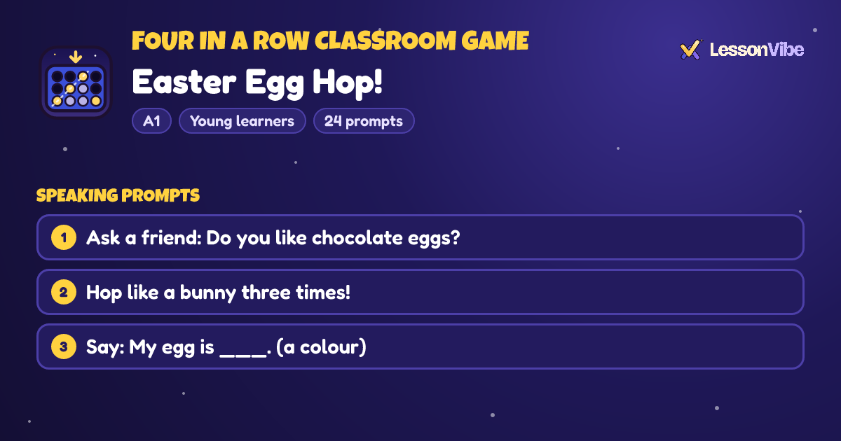 Four in a Row Classroom Game: Easter Egg Hop! (A1, Young learners, 24 prompts)