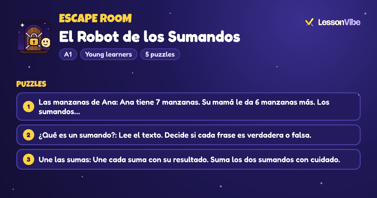 Escape Room: El Robot de los Sumandos (A1, Young learners, 5 puzzles)