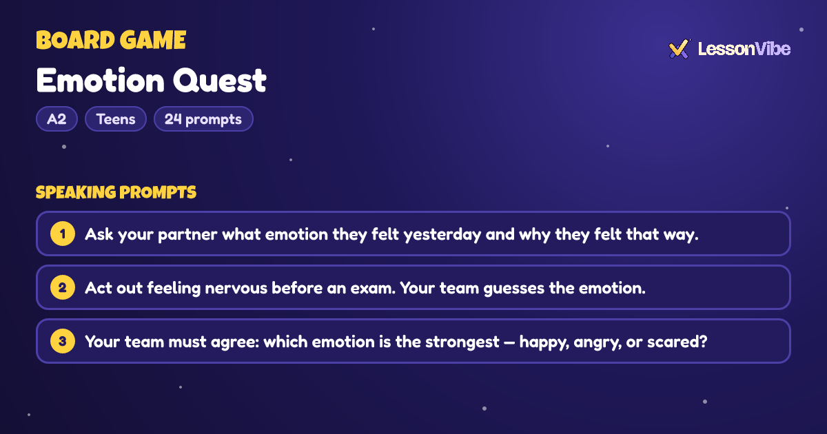 Board Game: Emotion Quest (A2, Teens, 24 prompts)
