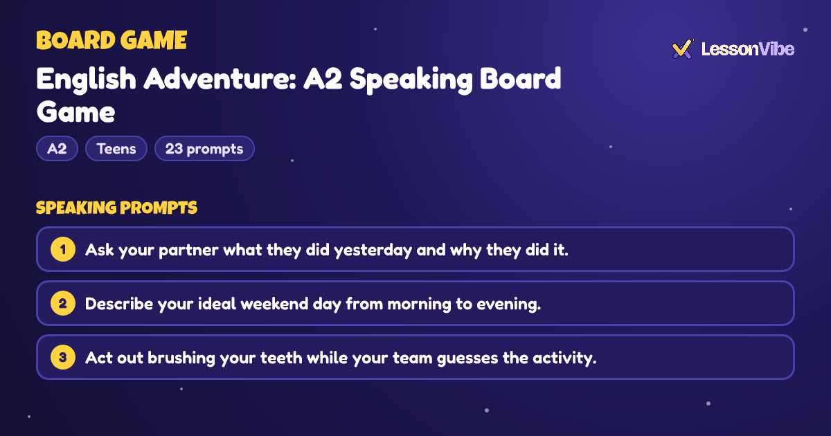 Board Game: English Adventure: A2 Speaking Board Game (A2, Teens, 23 prompts)