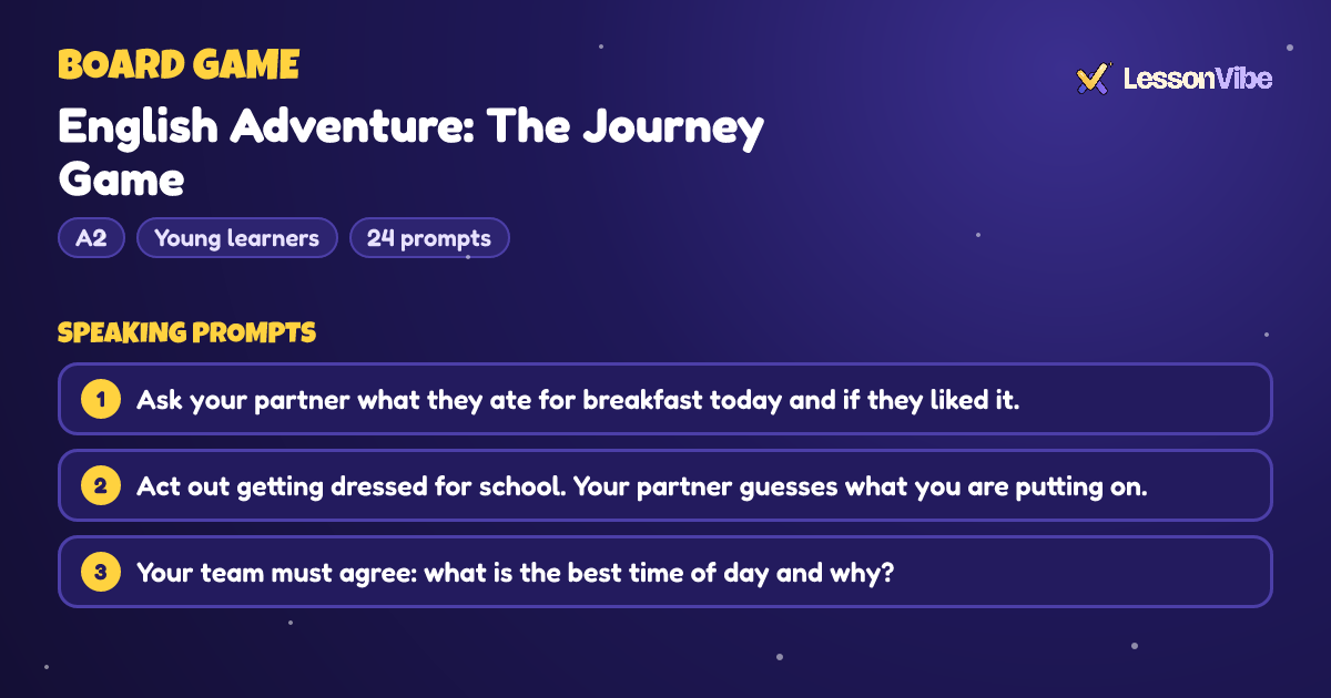Board Game: English Adventure: The Journey Game (A2, Young learners, 24 prompts)