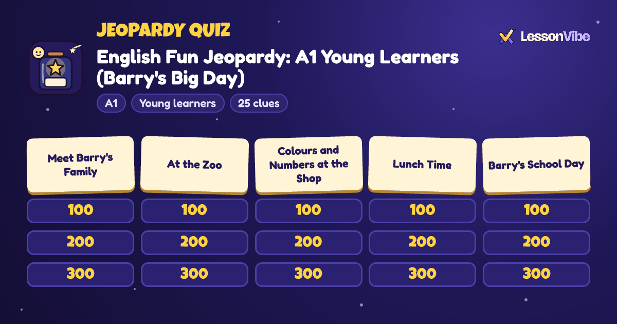 Jeopardy Quiz: English Fun Jeopardy: A1 Young Learners (Barry's Big Day) (A1, Young learners, 25 clues)