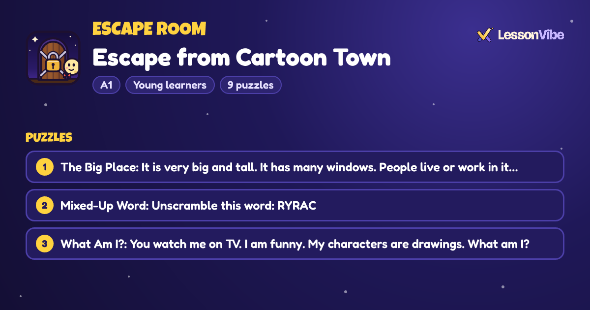 Escape Room: Escape from Cartoon Town (A1, Young learners, 9 puzzles)