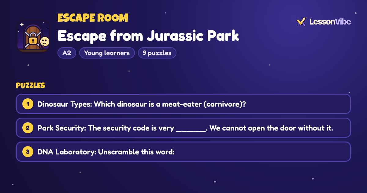 Escape Room: Escape from Jurassic Park (A2, Young learners, 9 puzzles)