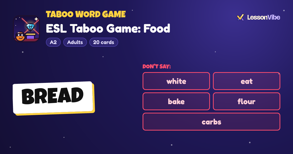 Taboo Word Game: ESL Taboo Game: Food (A2, Adults, 20 cards)