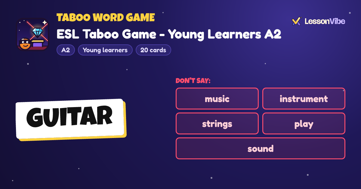 Taboo Word Game: ESL Taboo Game - Young Learners A2 (A2, Young learners, 20 cards)