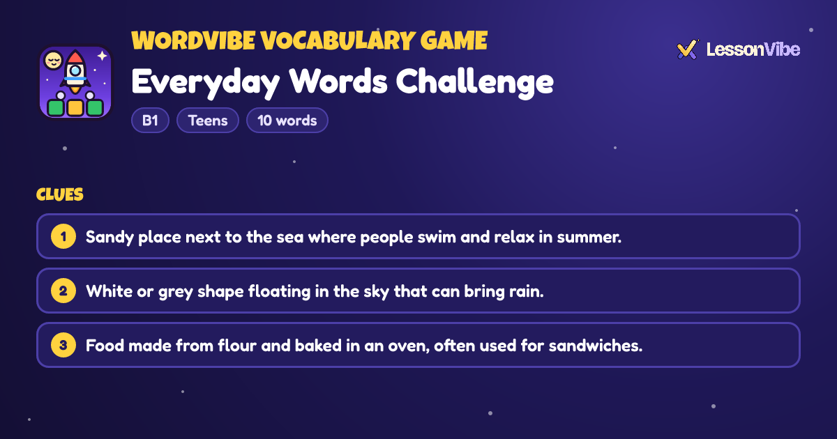 WordVibe Vocabulary Game: Everyday Words Challenge (B1, Teens, 10 words)