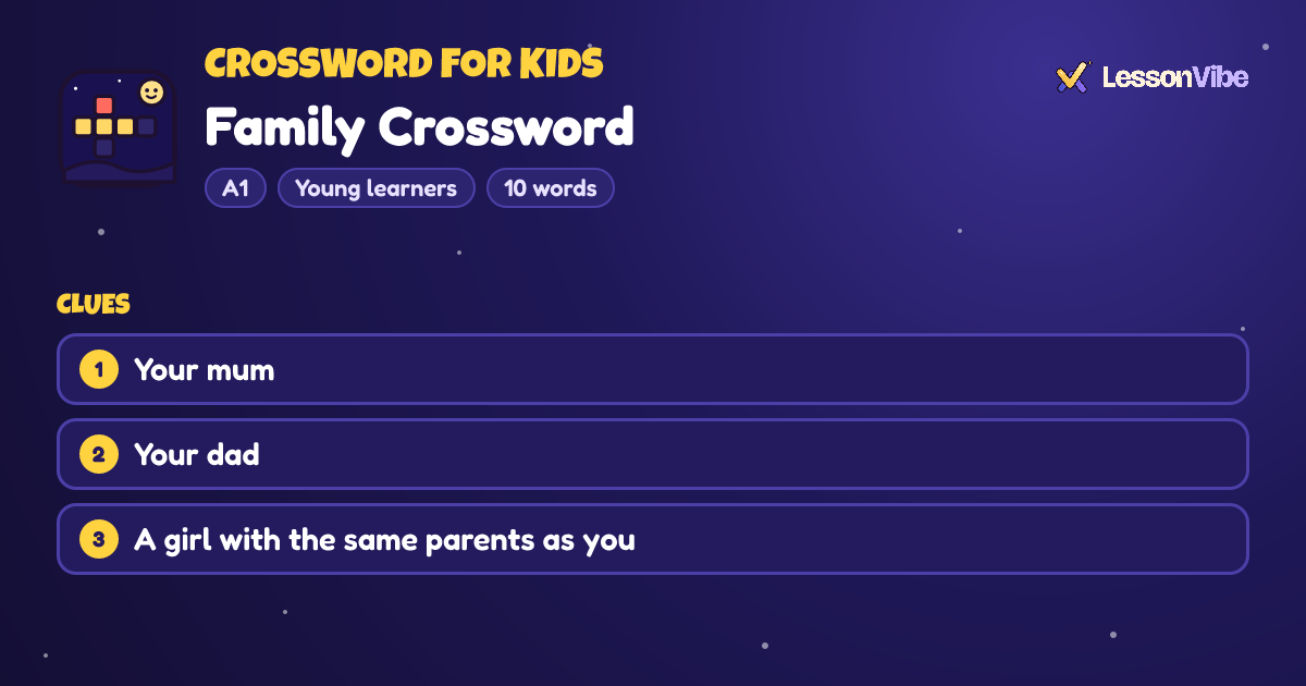 Crossword for Kids: Family Crossword (A1, Young learners, 10 words)