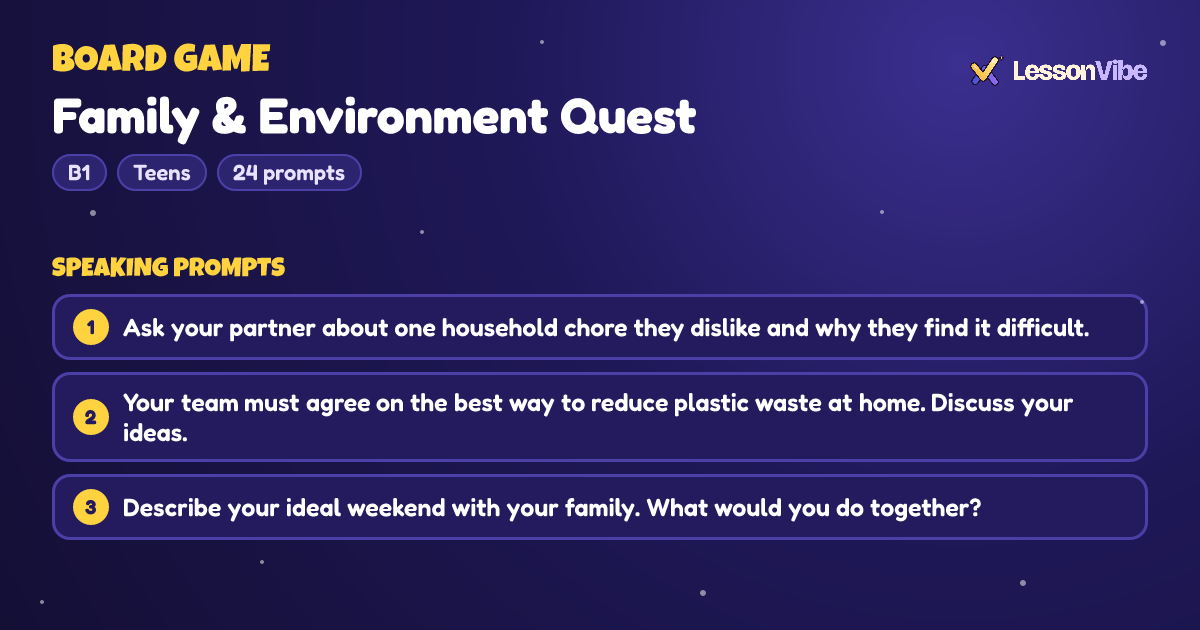 Board Game: Family & Environment Quest (B1, Teens, 24 prompts)