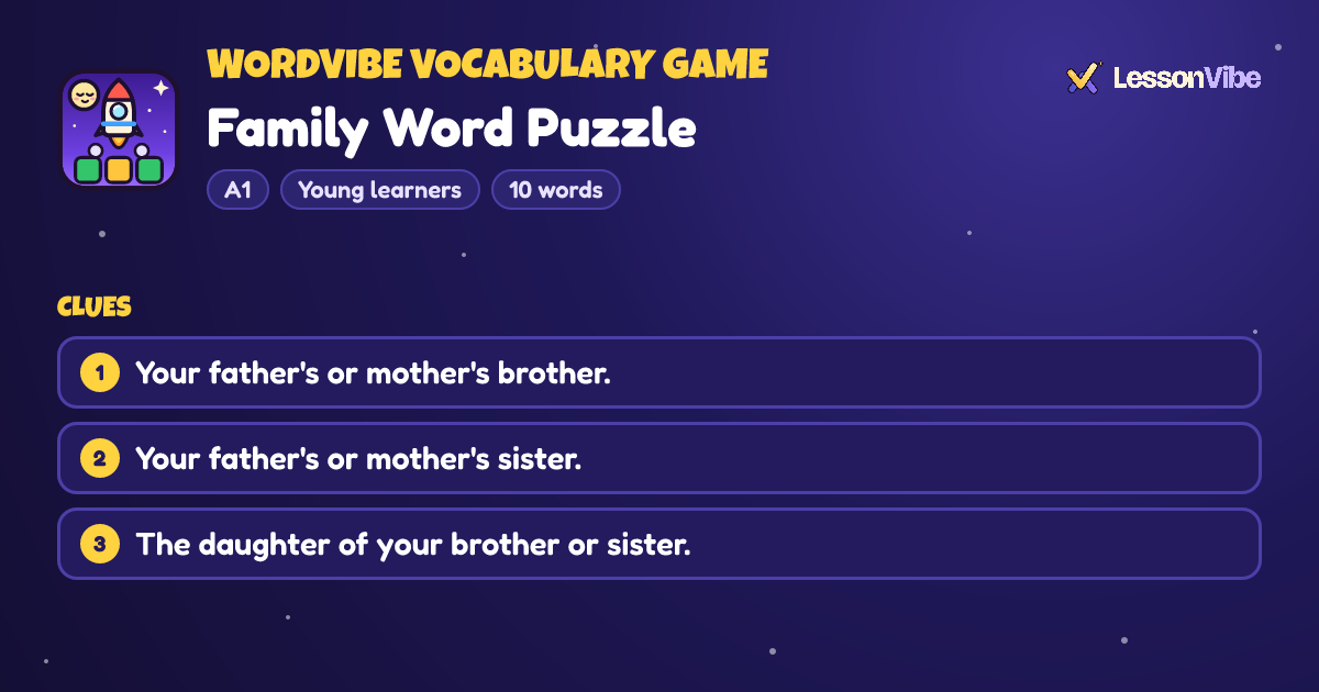 WordVibe Vocabulary Game: Family Word Puzzle (A1, Young learners, 10 words)