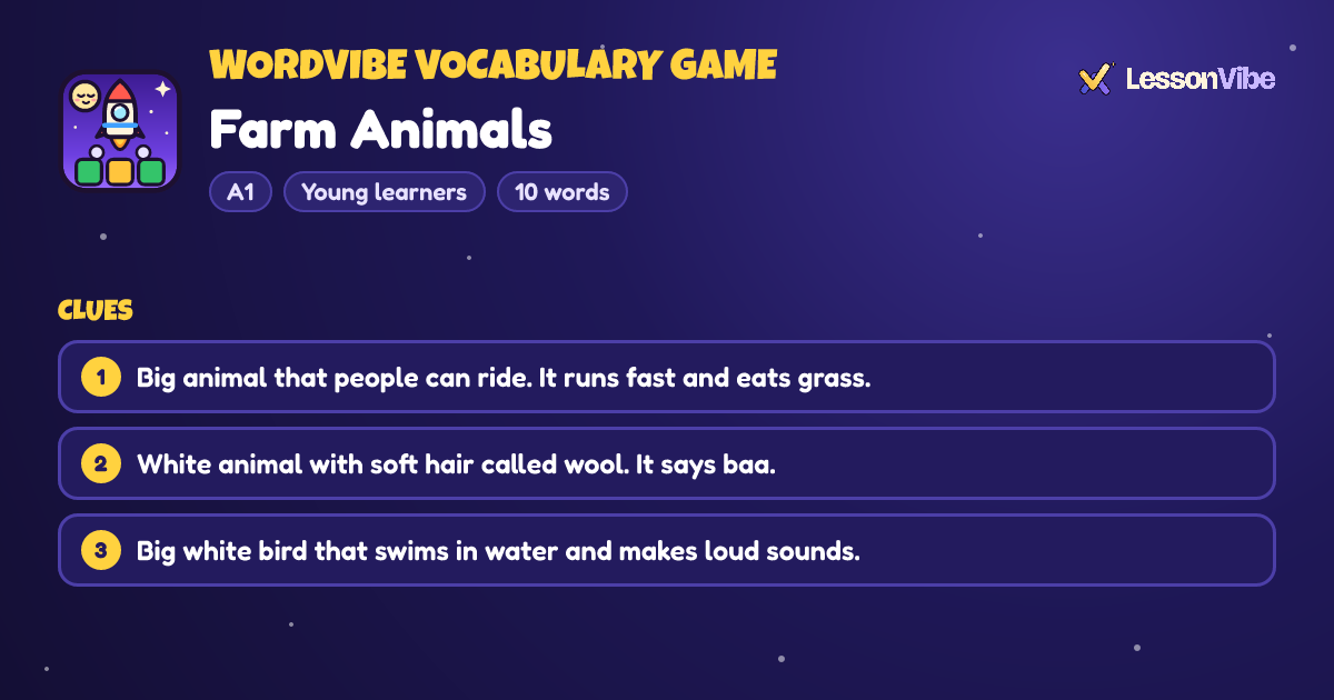 WordVibe Vocabulary Game: Farm Animals (A1, Young learners, 10 words)
