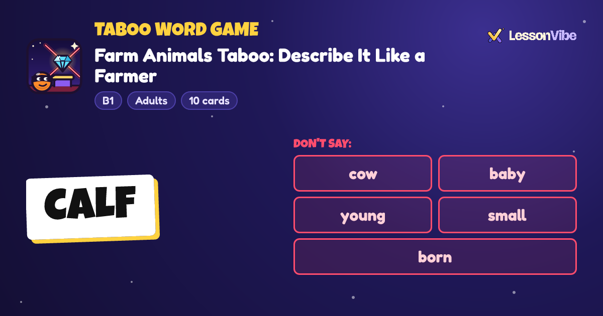 Taboo Word Game: Farm Animals Taboo: Describe It Like a Farmer (B1, Adults, 10 cards)