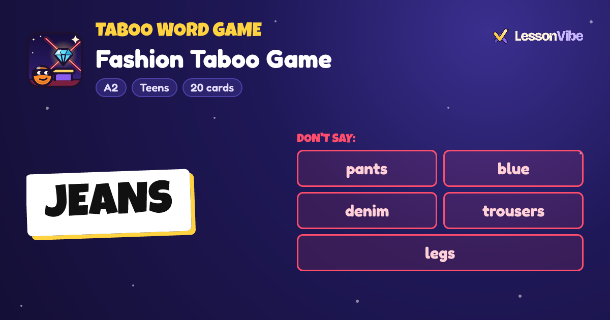 Taboo Word Game: Fashion Taboo Game (A2, Teens, 20 cards)