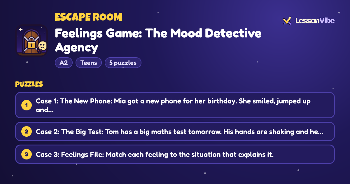 Escape Room: Feelings Game: The Mood Detective Agency (A2, Teens, 5 puzzles)