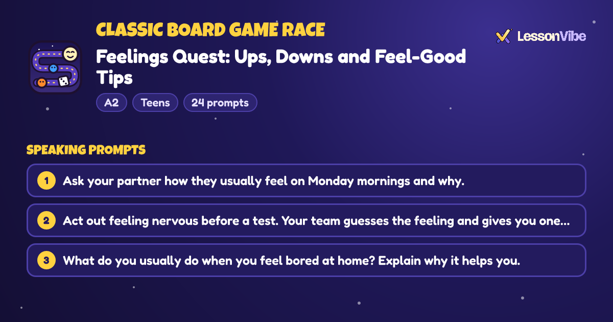 Classic Board Game Race: Feelings Quest: Ups, Downs and Feel-Good Tips (A2, Teens, 24 prompts)