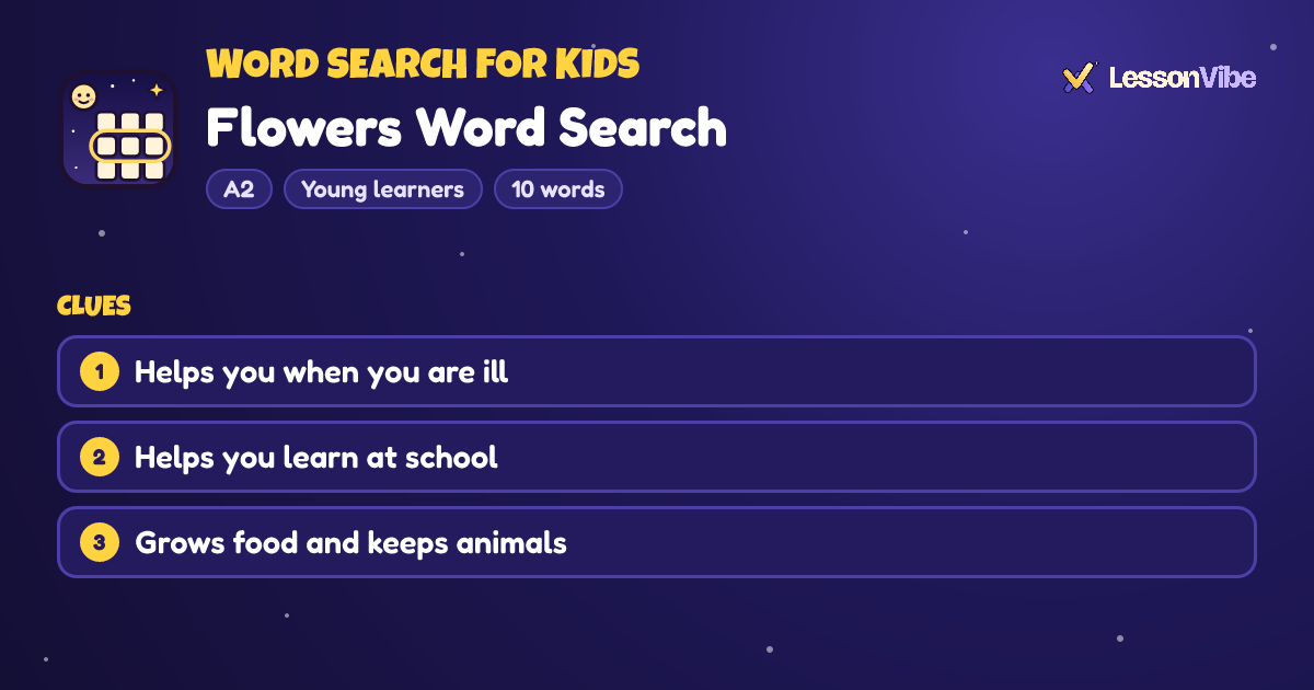 Word Search for Kids: Flowers Word Search (A2, Young learners, 10 words)