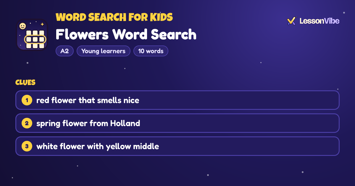 Word Search for Kids: Flowers Word Search (A2, Young learners, 10 words)