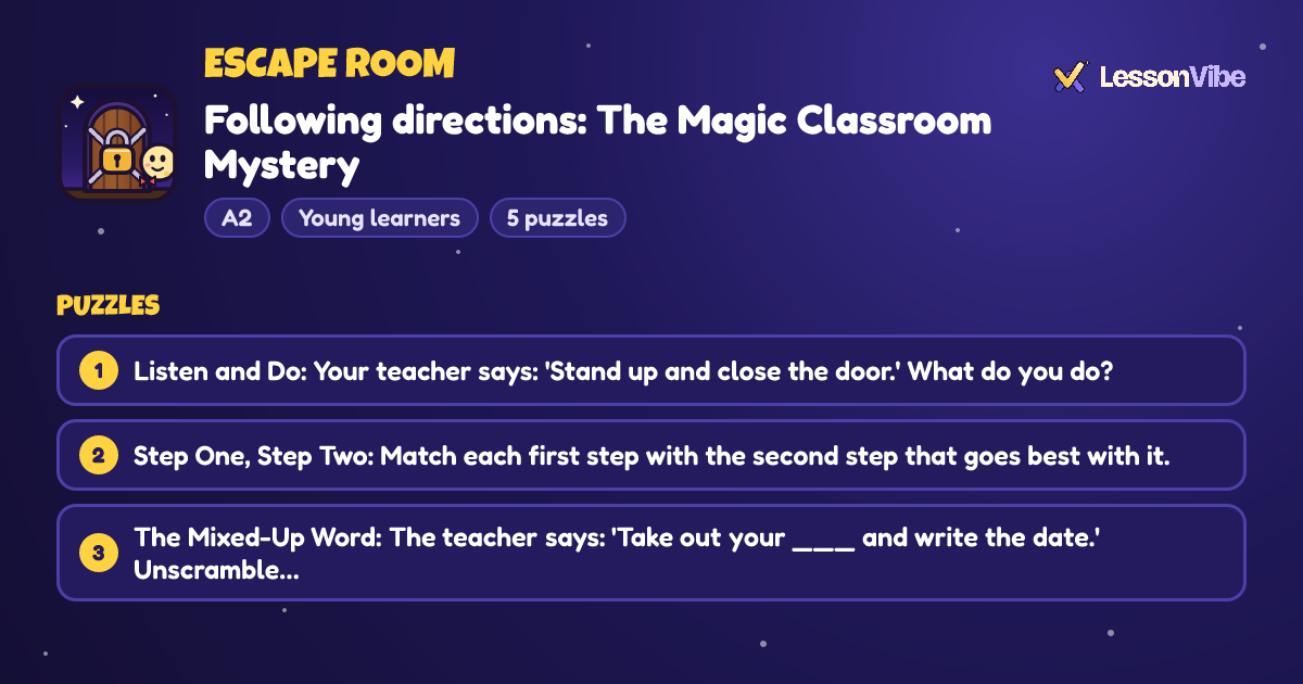 Escape Room: Following directions: The Magic Classroom Mystery (A2, Young learners, 5 puzzles)