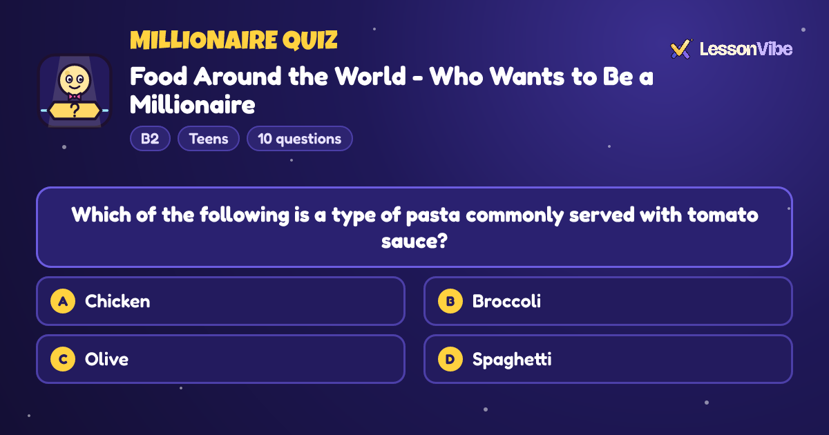 Millionaire Quiz: Food Around the World - Who Wants to Be a Millionaire (B2, Teens, 10 questions)