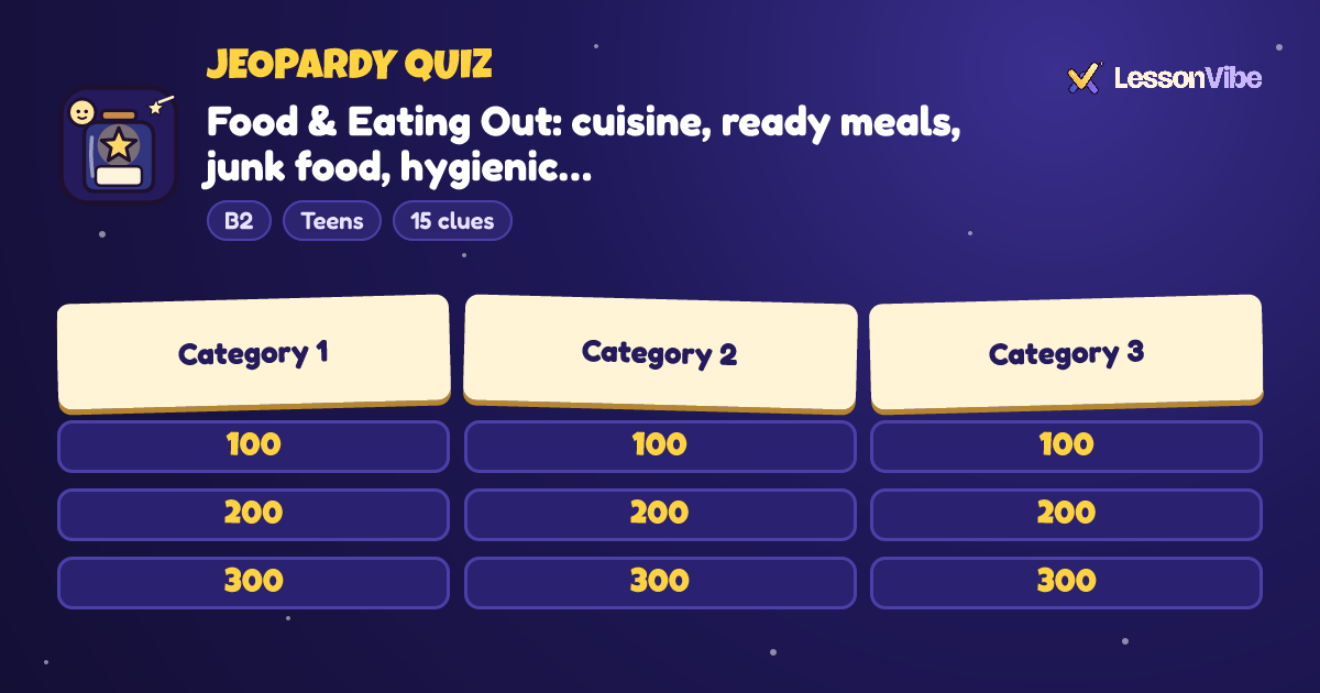 Jeopardy Quiz: Food & Eating Out: cuisine, ready meals, junk food, hygienic… (B2, Teens, 15 clues)