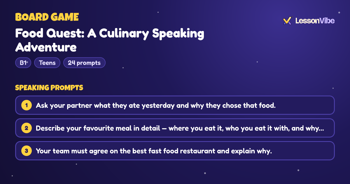 Board Game: Food Quest: A Culinary Speaking Adventure (B1, Teens, 24 prompts)