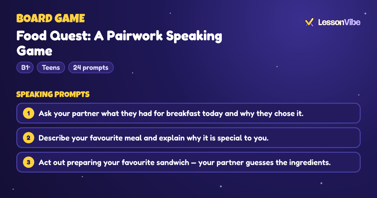 Board Game: Food Quest: A Pairwork Speaking Game (B1, Teens, 24 prompts)