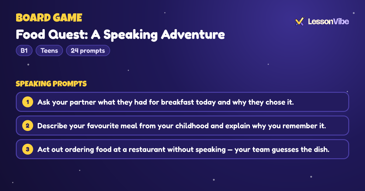 Board Game: Food Quest: A Speaking Adventure (B1, Teens, 24 prompts)