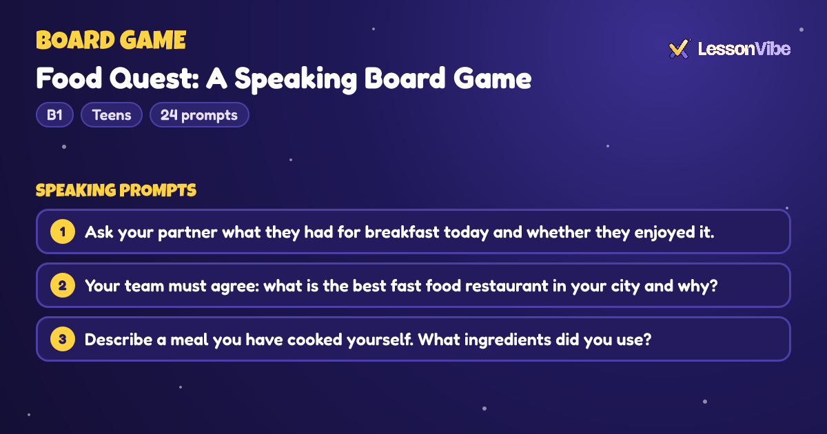 Board Game: Food Quest: A Speaking Board Game (B1, Teens, 24 prompts)