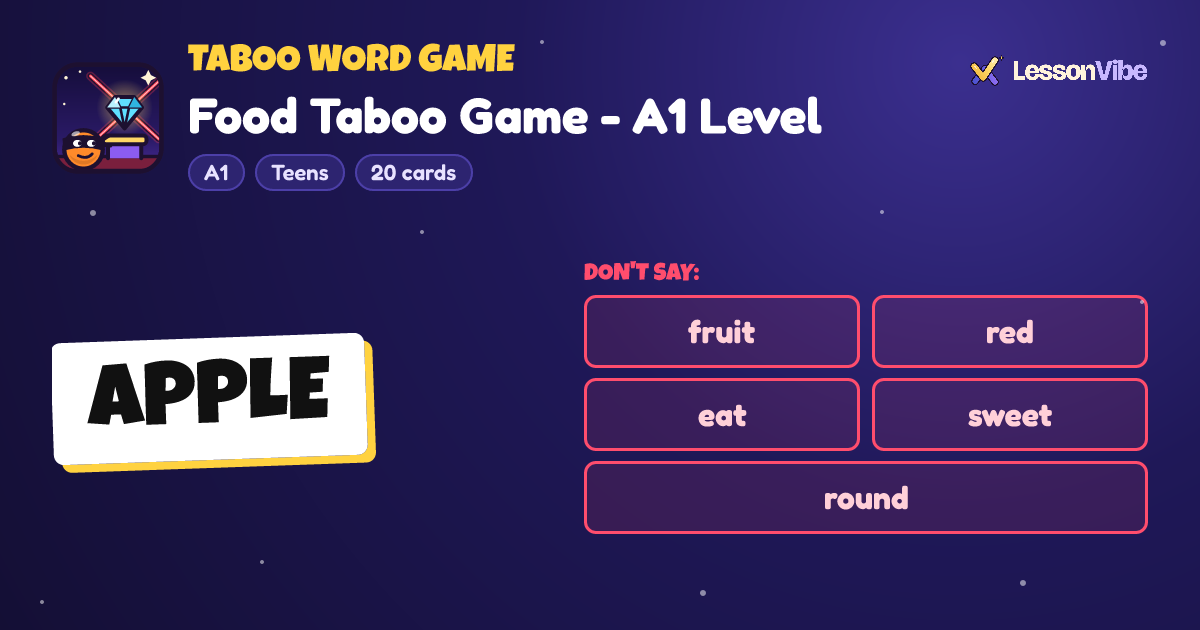 Taboo Word Game: Food Taboo Game - A1 Level (A1, Teens, 20 cards)
