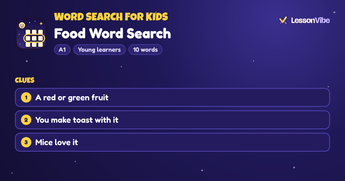 Word Search for Kids: Food Word Search (A1, Young learners, 10 words)