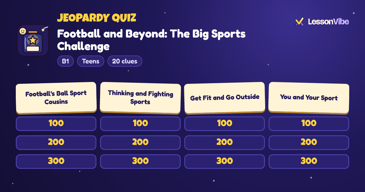 Jeopardy Quiz: Football and Beyond: The Big Sports Challenge (B1, Teens, 20 clues)